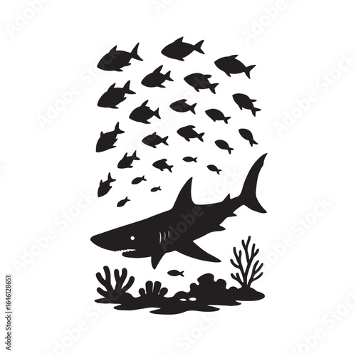 School of fish scattering as shark approaches