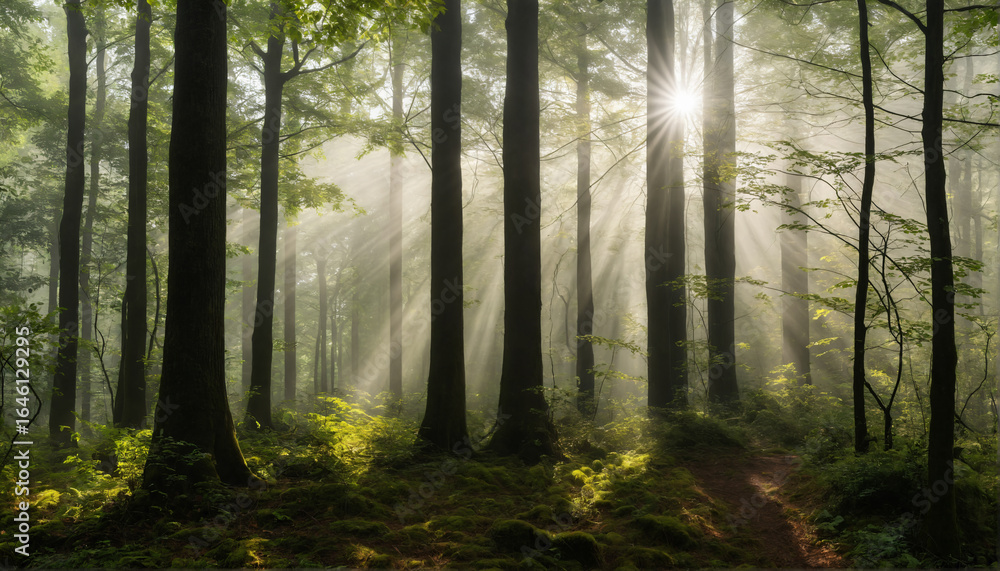 Obraz premium Sunbeams in a Misty Forest