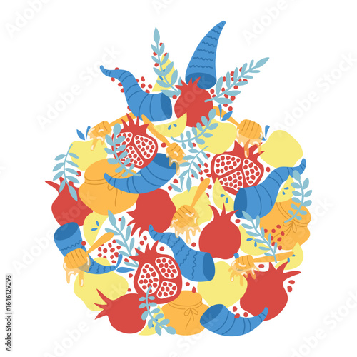 Cheerful and bright symbols of Jewish New Year, Rosh haShana, in a shape of pomegranate. Conceptual greeting card for main Israeli Holiday, beautiful and trendy garnet with apples, honey, shofar, twig