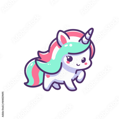 Colorful cartoon unicorn character with a playful expression, set against a minimalist background