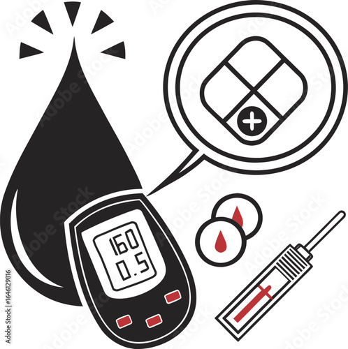 "Sugar level monitoring icon, drop of blood, glucometer screen, flat modern vector"