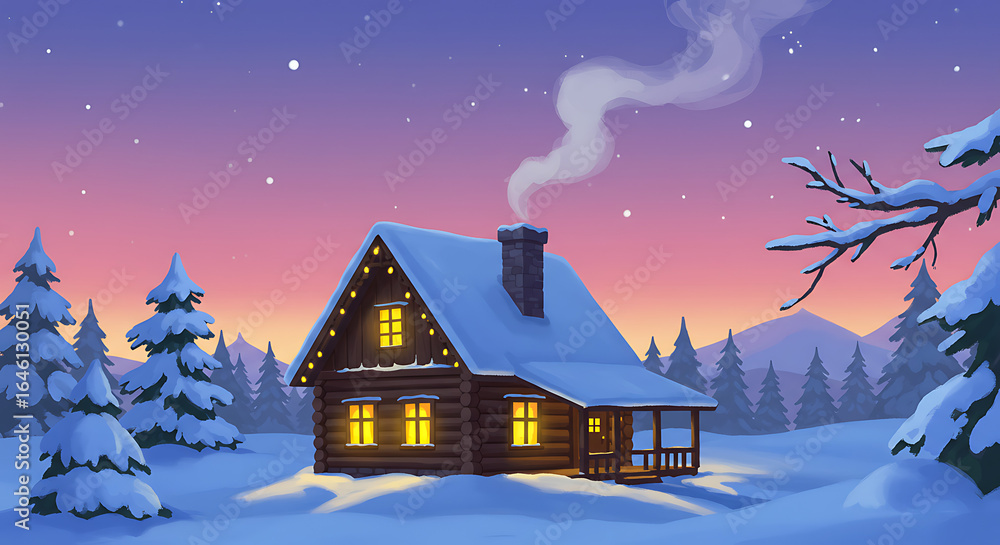 Naklejka premium Winter Cabin Scene with Snow Covered Trees and Cozy Lights