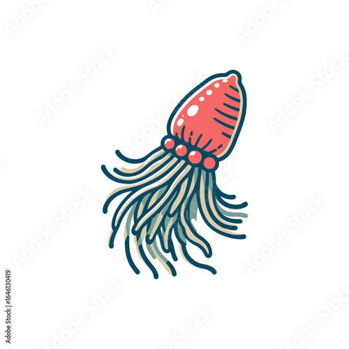 Colorful illustration of a squid swimming gracefully in clear ocean waters, showcasing its vibrant colors