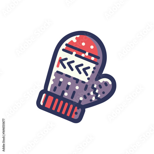 Colorful knitted mitten with patterns, isolated on a white background, ideal for winter themes