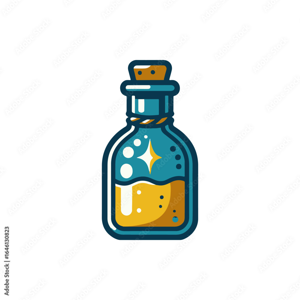 Obraz premium Colorful potion bottle with sparkling liquid, set against a clean white background