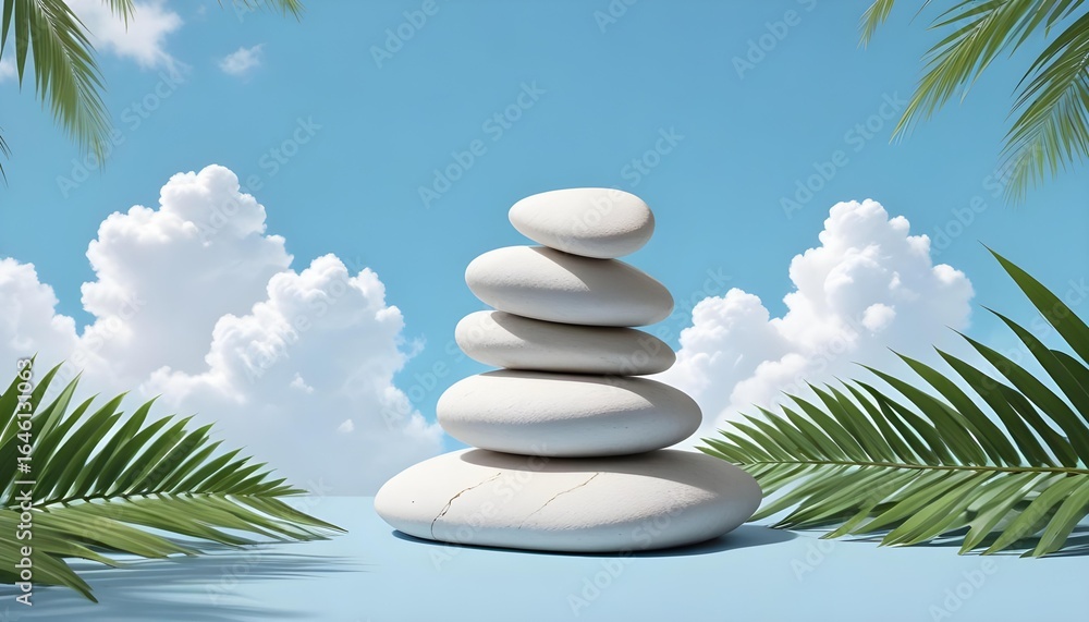 Obraz premium A stack of white stones embodies balance and tranquility with a backdrop of nature's beauty.