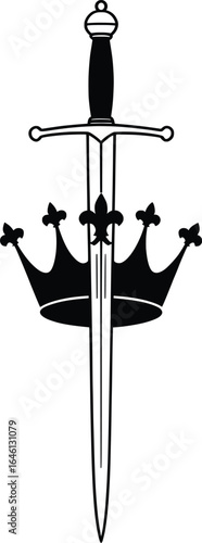 Sword with Royal Crown Vector, Medieval Power and Authority Illustration.
