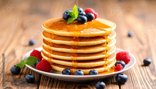 Stack of pancakes with berries and syrup