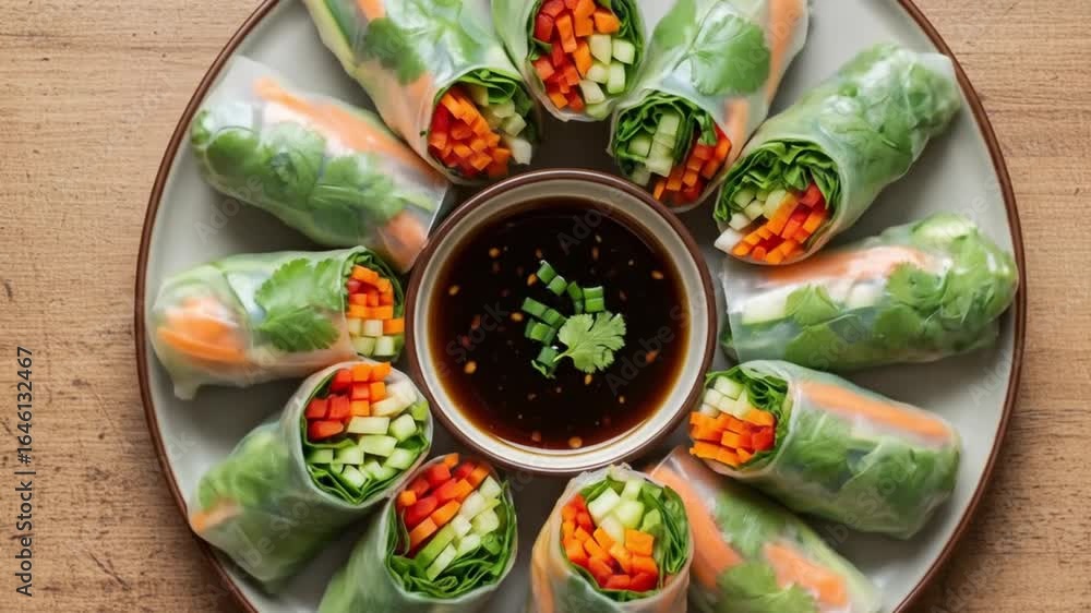A top view of spring rolls arranged around a dipping sauce on a gray plate food A top view of spring rolls arranged around a dipping sauce on a gray plate food
