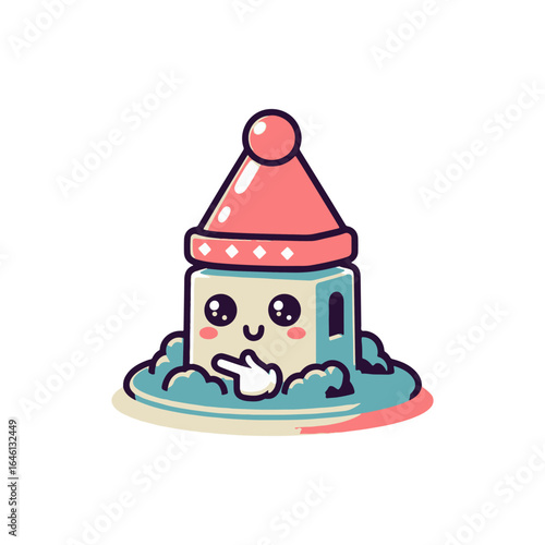 Cute cartoon castle with a smiling face, surrounded by fluffy clouds and a festive hat