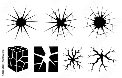 Black cracked shapes and shattered objects graphic collection white broken