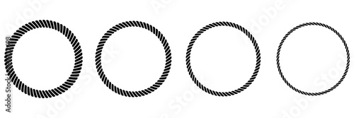Round ropes shapes set. Different thickness circular ropes collection for decoration. Vector illustration isolated on white. 