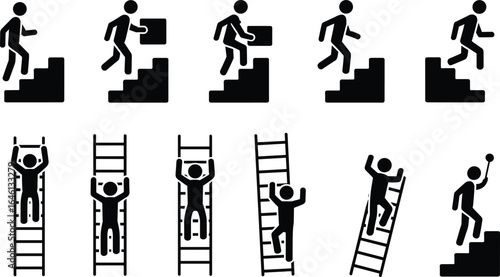 Stick figures climbing stairs, ladder ascent, teamwork, carrying objects, movement, effort, task completion, vector silhouettes, black icons, illustration