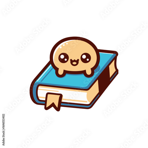 Cute cartoon character resembling a smiling doughnut resting on a colorful book with a bookmark