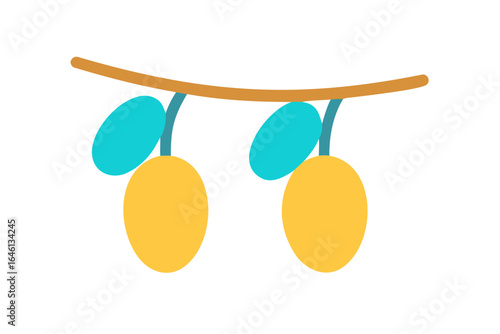 Stylized yellow plums with teal leaves on a brown branch isolated on transparent background