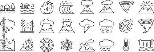 Natural disaster and weather icons, including floods, fires, waves, volcanoes, tornadoes, thunderstorms, snowflakes, mountains, temperature, and waterfalls.
