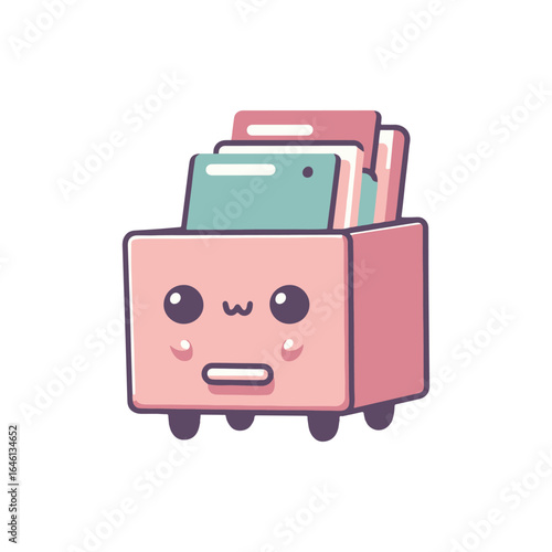 Cute cartoon file cabinet with happy face, filled with colorful folders, set against a simple background