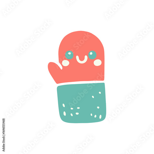 Cute cartoon mittens character waving cheerfully, set against a simple white background