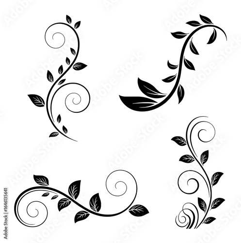 Black floral swirls and leaves decorative elements leaf vine