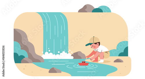 Illustration of a boy playing with a boat by a waterfall enjoying nature outdoors