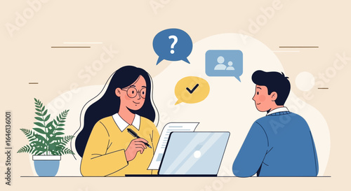 Illustration of a business meeting with a woman taking notes and a man talking, showing collaboration and discussion between colleagues