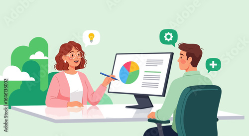 Illustration of a business meeting showing data analysis and collaborative ideas exchange in an office environment