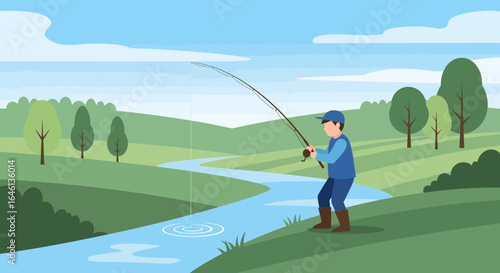 Illustration of a serene fishing scene with a man casting his line in nature landscape showing river trees hills and blue sky