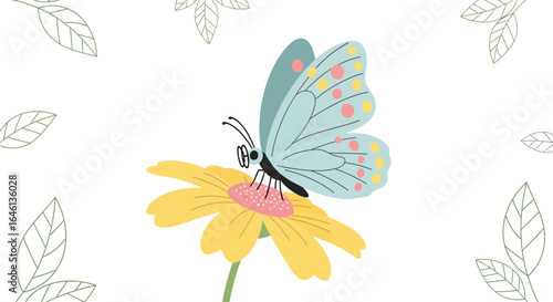 Illustration of a butterfly on a flower surrounded by leaves evoking springtime bliss