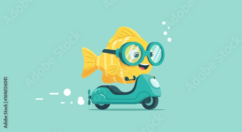 Illustration of a cartoon fish with glasses riding a turquoise scooter in an underwater setting