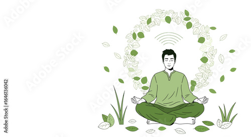 Illustration of a serene man meditating in a lotus position surrounded by leaves