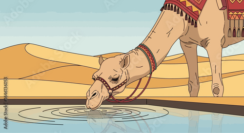 Illustration of a camel drinking water in the desert oasis during a hot day with sand dunes and blue sky in the background