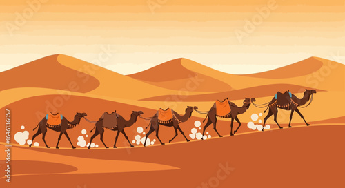 Illustration of a caravan of camels crossing the desert with sand dunes against a warm colored background in a flat design style