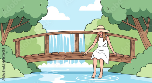 Illustration of a serene woman enjoying the calmness of nature on a wooden bridge near a waterfall