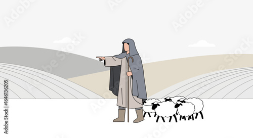 Illustration of a shepherd guiding his flock of sheep across a serene landscape, maintaining care