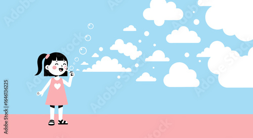 Illustration of a cheerful girl blowing bubbles under a cloudy blue sky creating a sense of joy and innocence