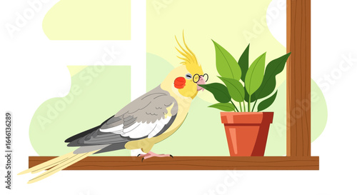 Illustration of a smart cockatiel bird wearing glasses eating plant leaves at home inside