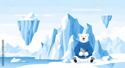 Illustrative arctic landscape featuring a polar bear wearing a sweater holding a fish with icebergs