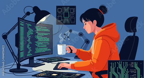 Illustration of a software developer coding at her desk with cup of coffee