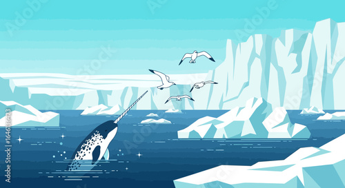 Illustrative Arctic landscape with narwhal icebergs and seagulls creating a serene scene