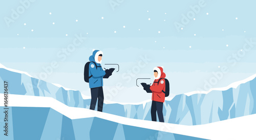 Illustrative Arctic Researchers Conducting Fieldwork in a Snowy Landscape with Winter Gear