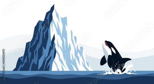 Illustrative Arctic Scene: Orca Leaping from Water with Iceberg in Background
