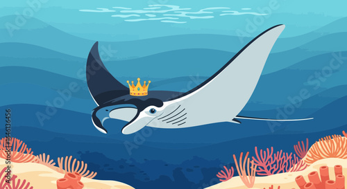 Illustrative artwork of a king manta ray gracefully swimming in the ocean depths filled with coral reefs