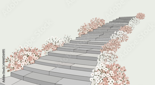 Illustration of a stone staircase decorated with cherry blossom branches on both sides