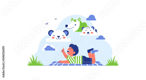 Illustration of a Child Imagining Animals in the Clouds, a Whimsical Scene in Nature