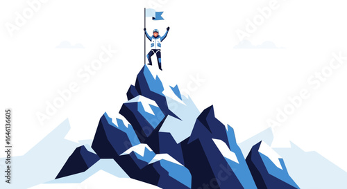 Illustration of a Climber Celebrating Victory on the Top of a Snowy Mountain Peak