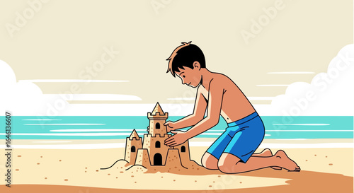 Illustrative depiction of a child playing on a beach, building a sandcastle with the ocean backdrop, embodies summer fun and creative activity