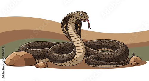 Illustration of a cobra snake with tongue protruding in a desert landscape