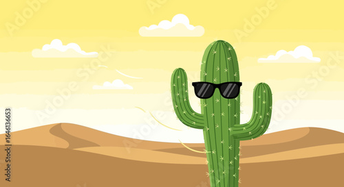 Illustration of a cool cactus with sunglasses in the desert landscape background vector illustration