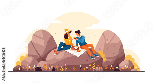 Illustration of a couple enjoying a picnic on a rocky outcrop in a serene outdoor setting