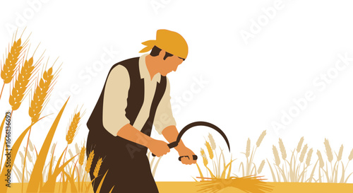 Illustration of a traditional farmer harvesting wheat with a sickle tool  in the field